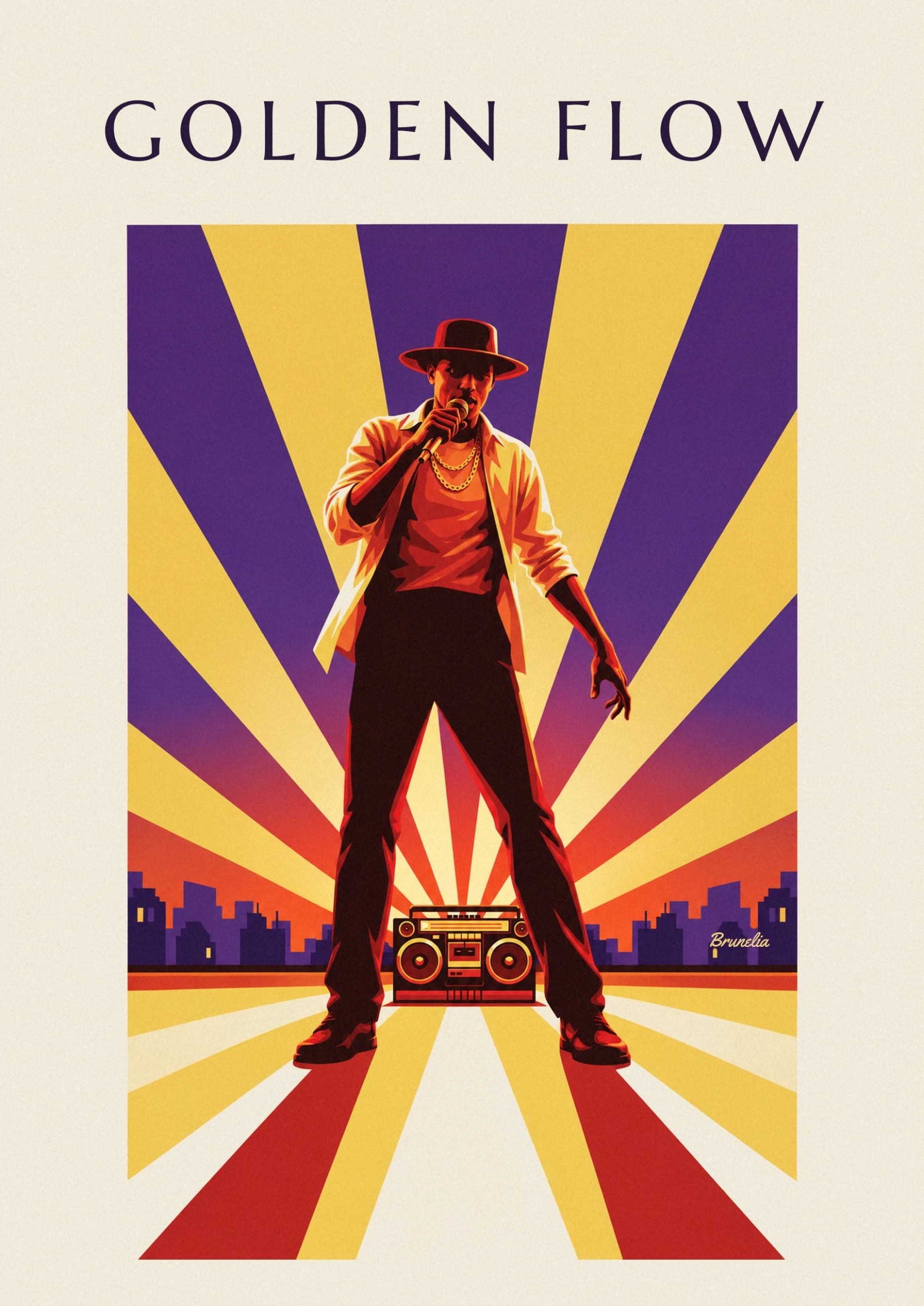 The rapper in a hat and gold chain, microphone in hand, beneath yellow and purple beams
