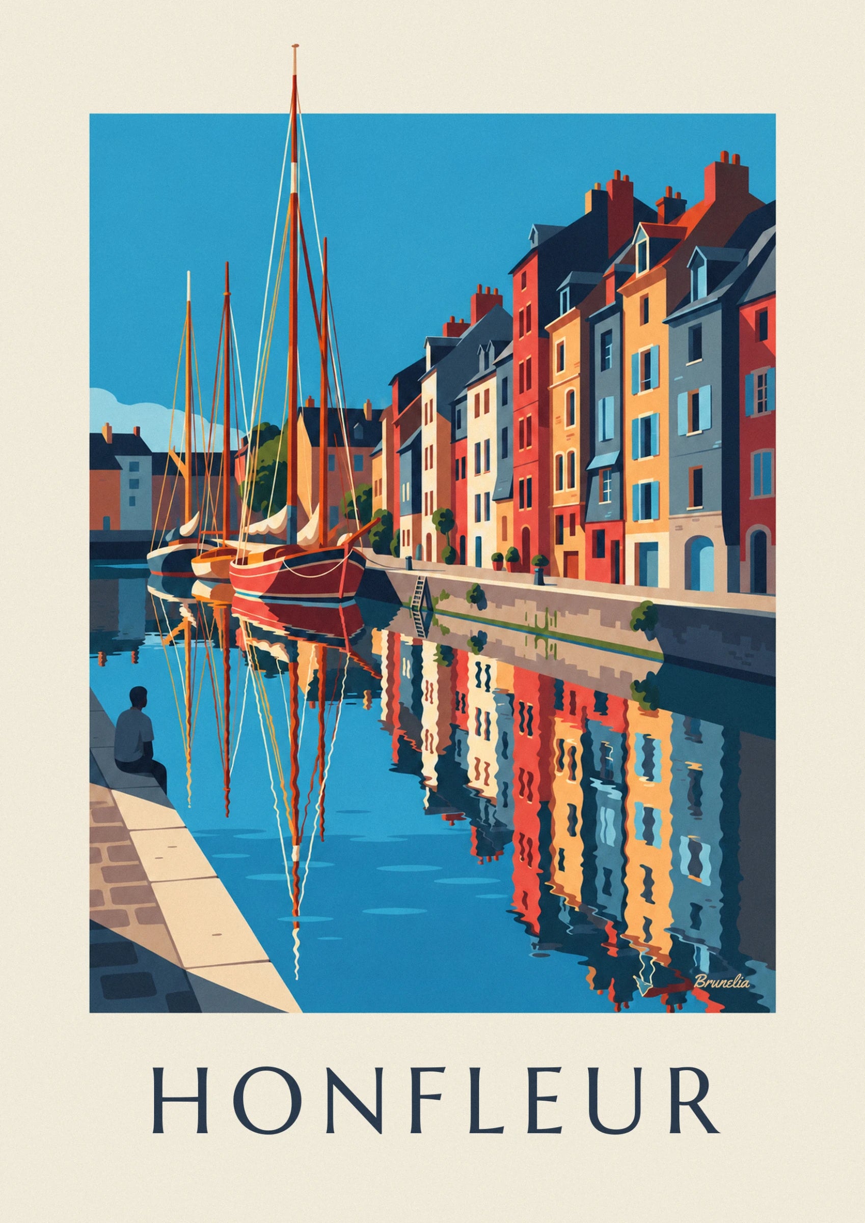 Façades étroites rouges, jaunes et bleu-gris aux volets bleus, alignées sur le quai