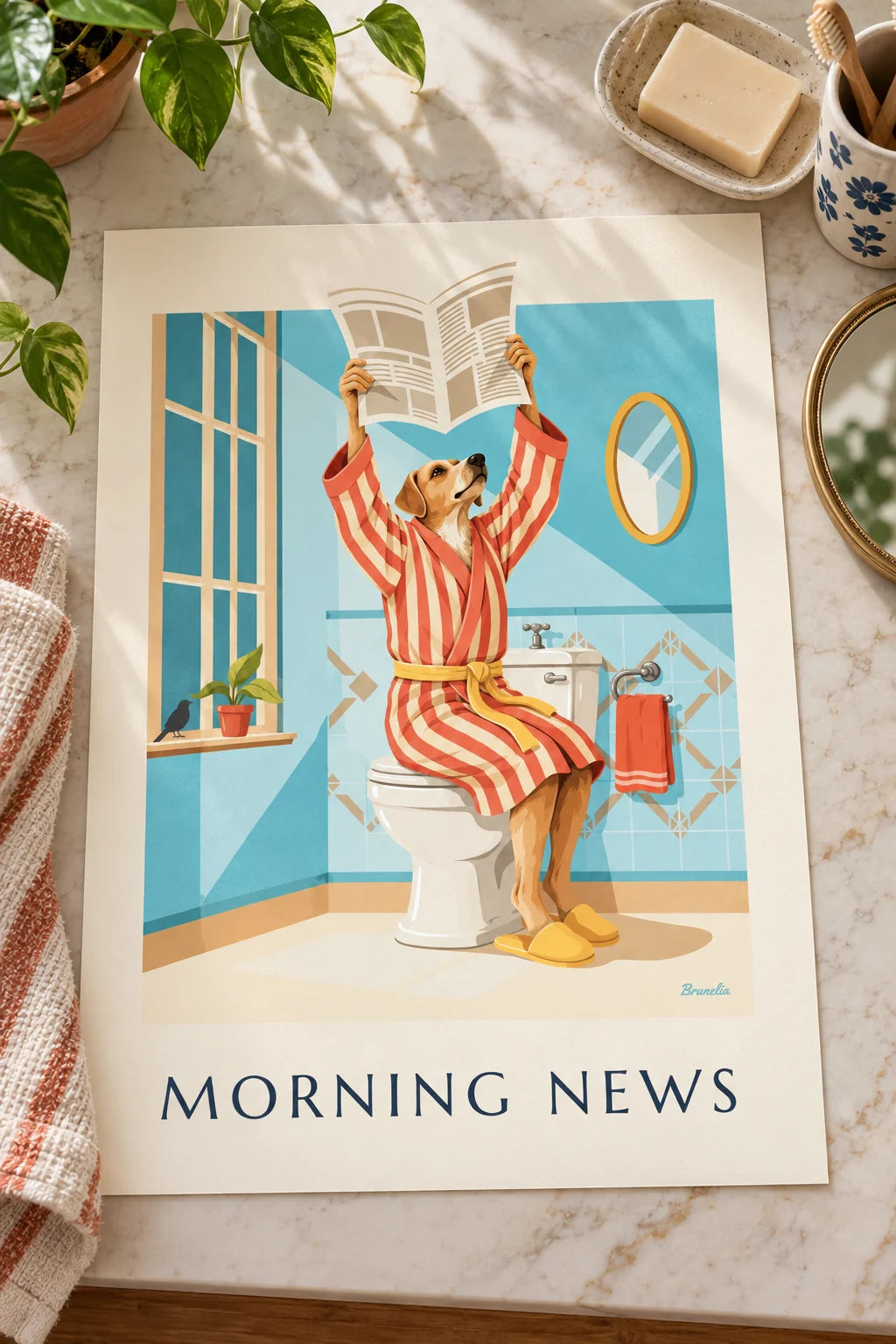 Powder room: Dog in a bathrobe reading the newspaper on the toilet poster on the wall
