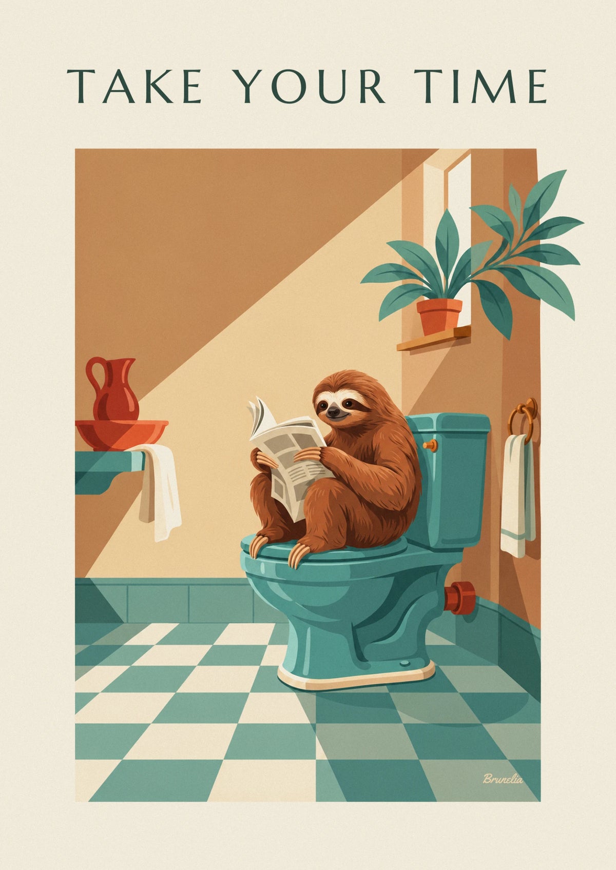 Affiche humoristique paresseux qui lit le journal aux toilettes