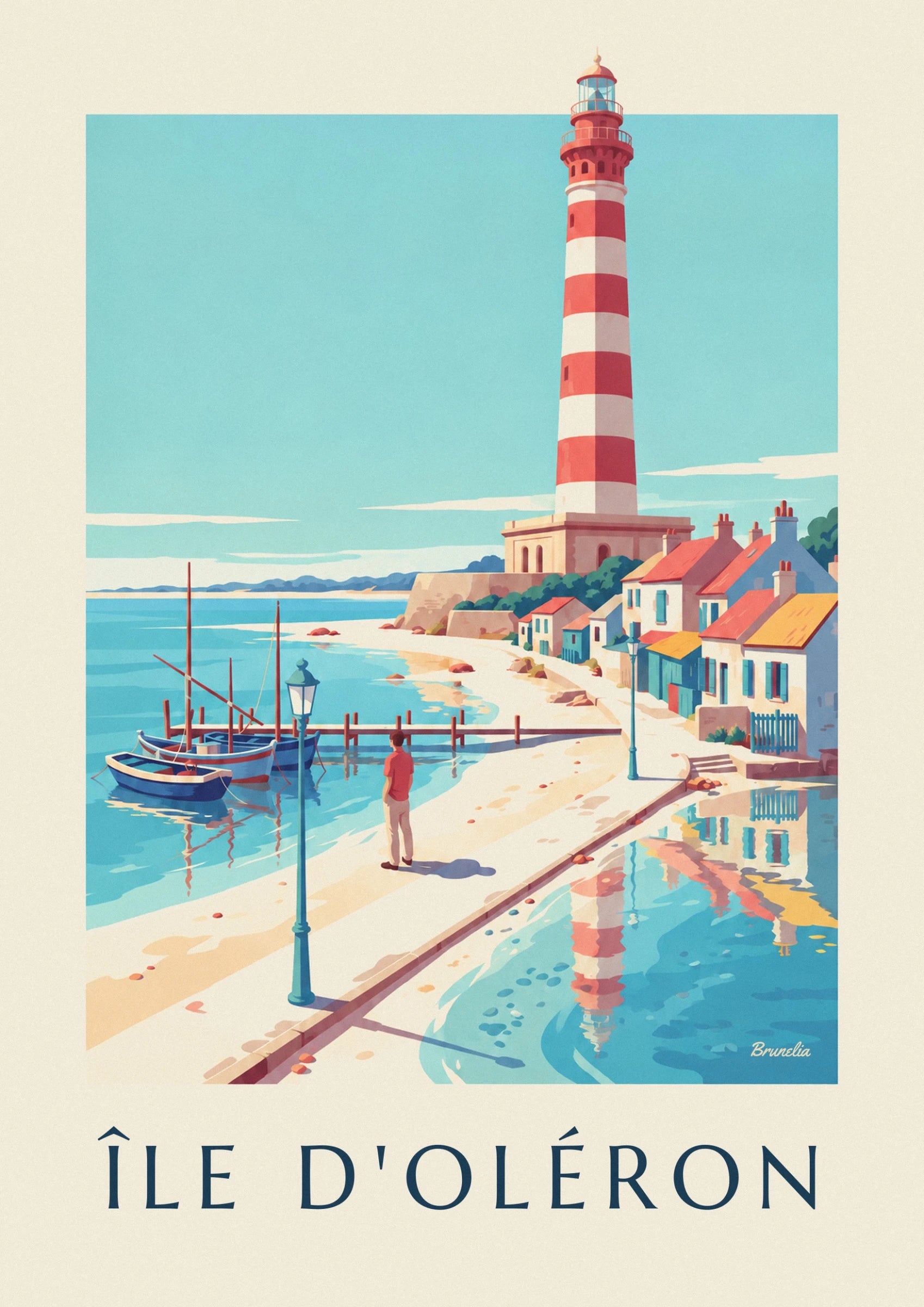 Le phare rayé rouge et blanc au-dessus des toits colorés d’Oléron