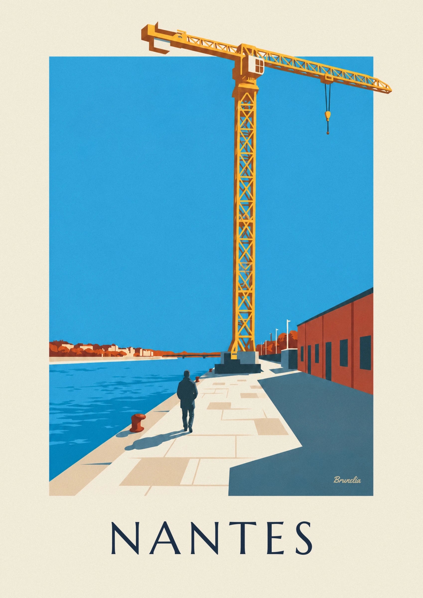 The yellow lattice structure of the Titan crane against the blue sky