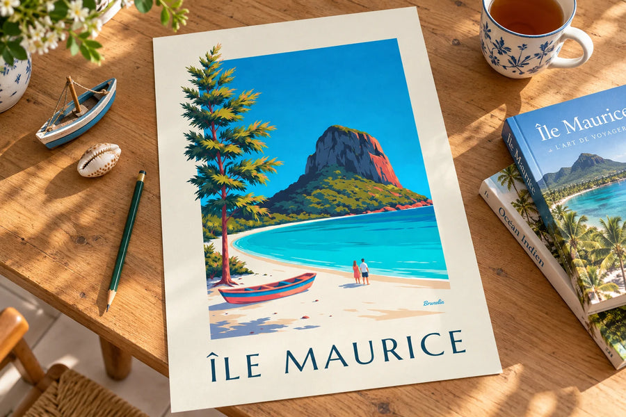 Juliste Le Morne Brabantin vuoresta ja laguunista Mauritiuksella: pöydällä