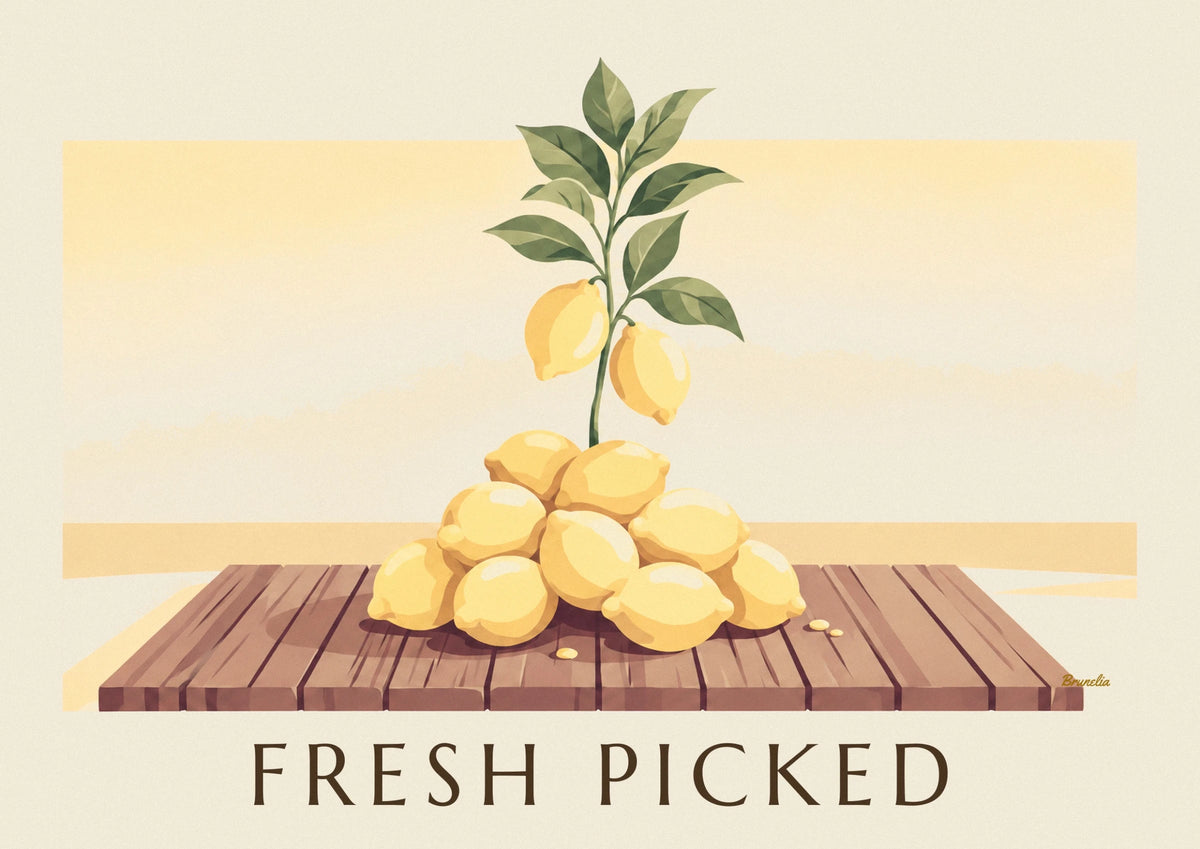 Freshly picked lemons on a wooden board poster