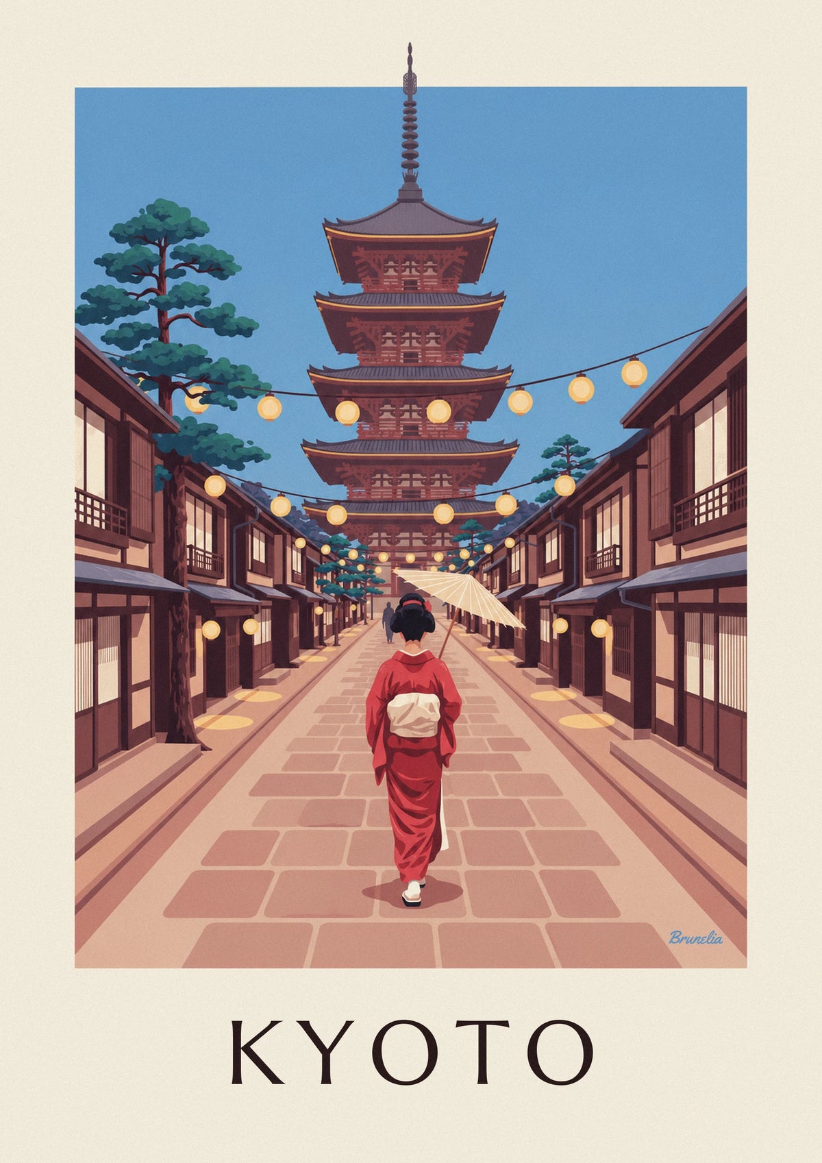 Affiche geisha à l'ombrelle vers la pagode Yasaka à Kyoto