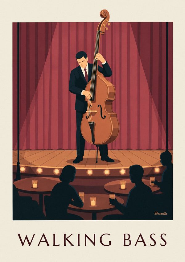Jazz double bassist on stage before red curtain poster