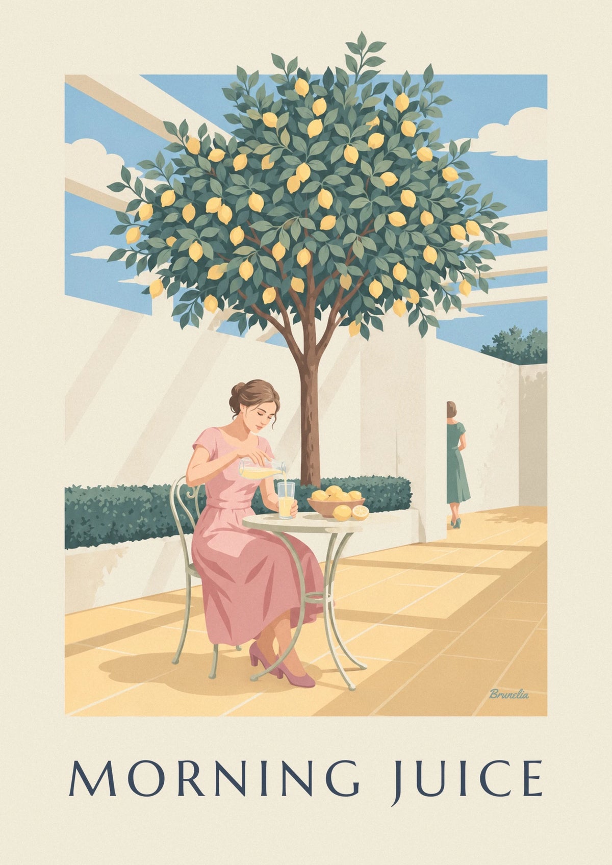 Woman pouring lemon juice under a lemon tree poster