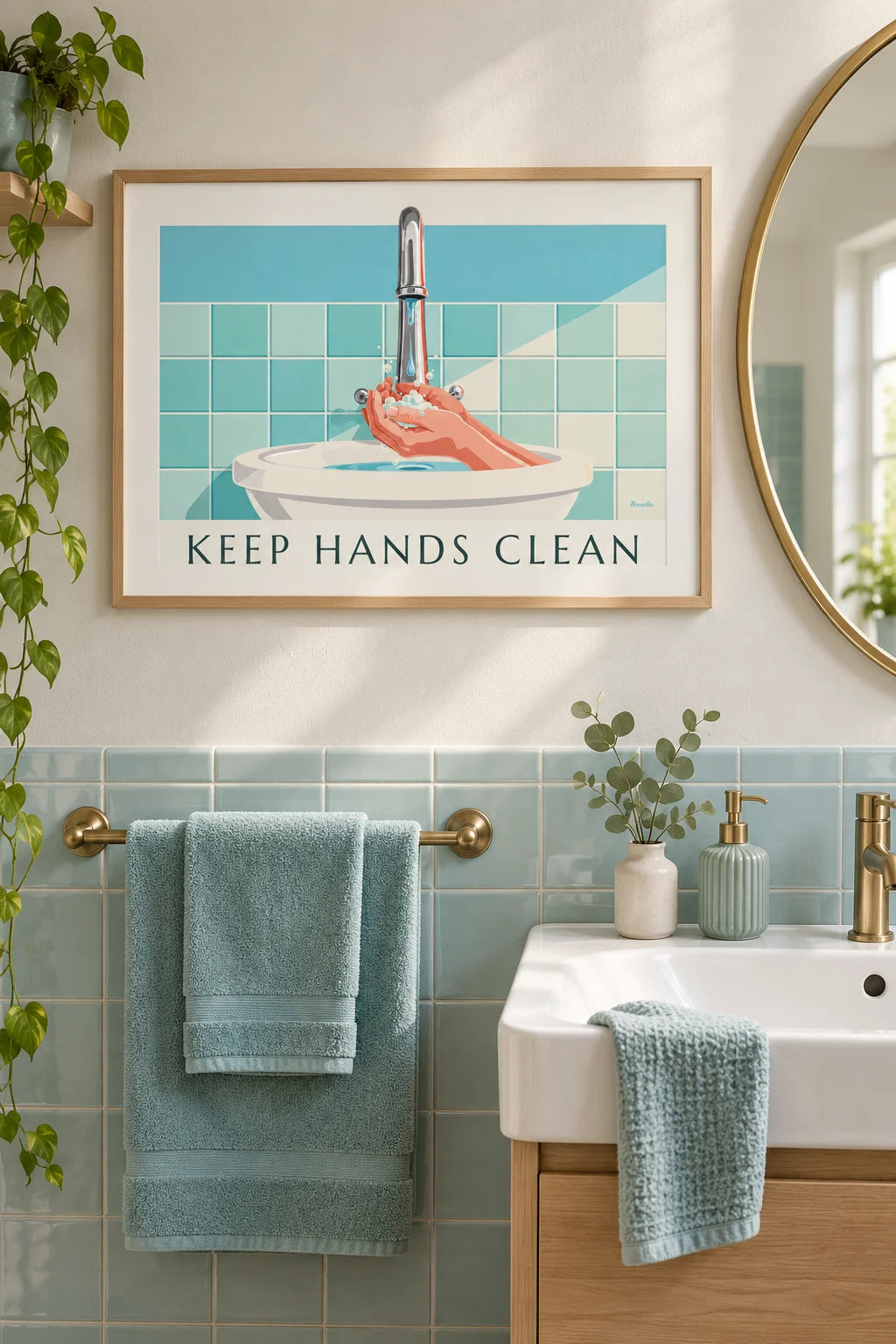 Keep hands clean -juliste käsienpesuun seinällä