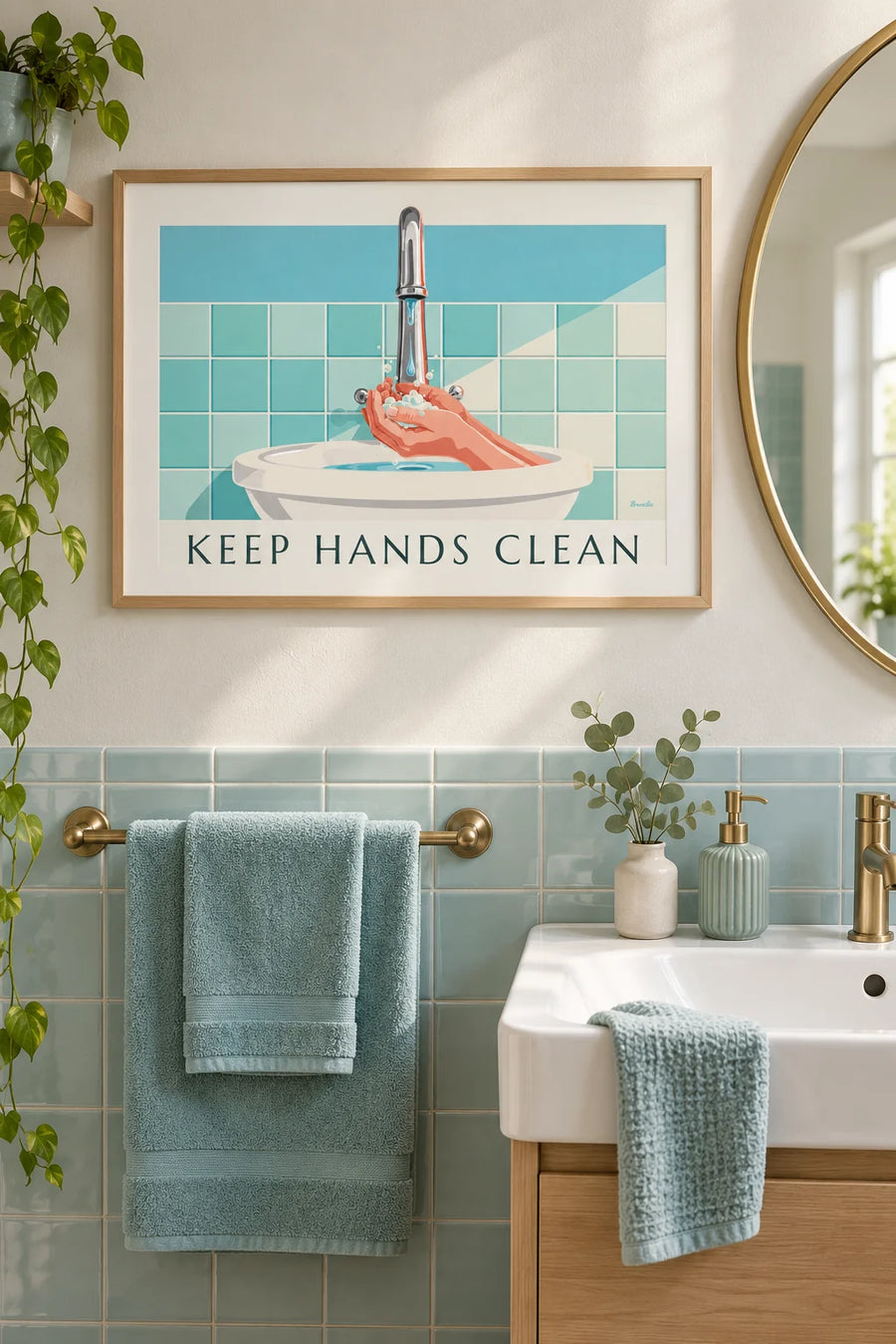Juliste ”Keep hands clean” käsienpesusta: kehystettynä seinällä