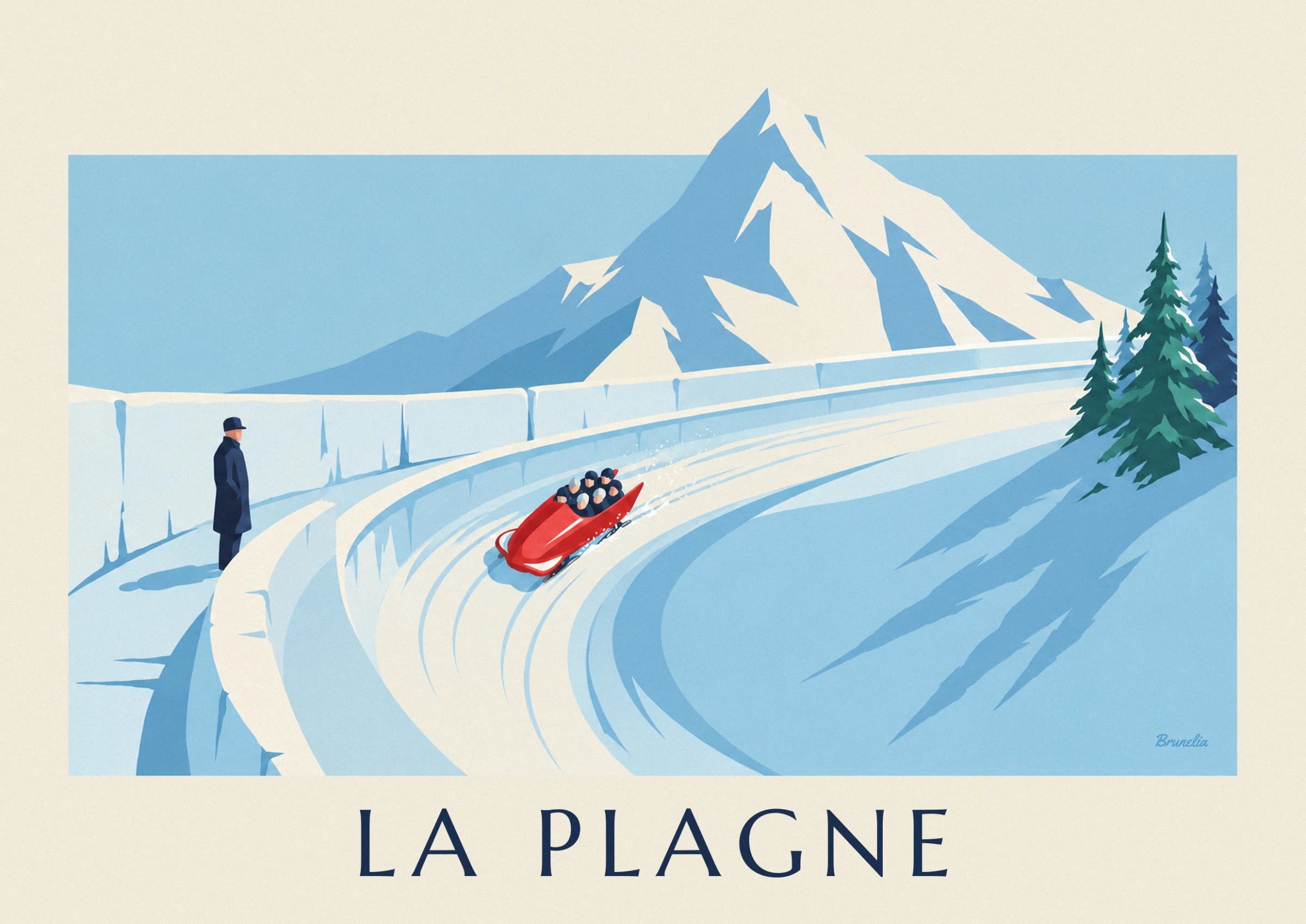 Le bobsleigh rouge lancé dans le virage, son équipage casqué penché dans la glace qui gicle