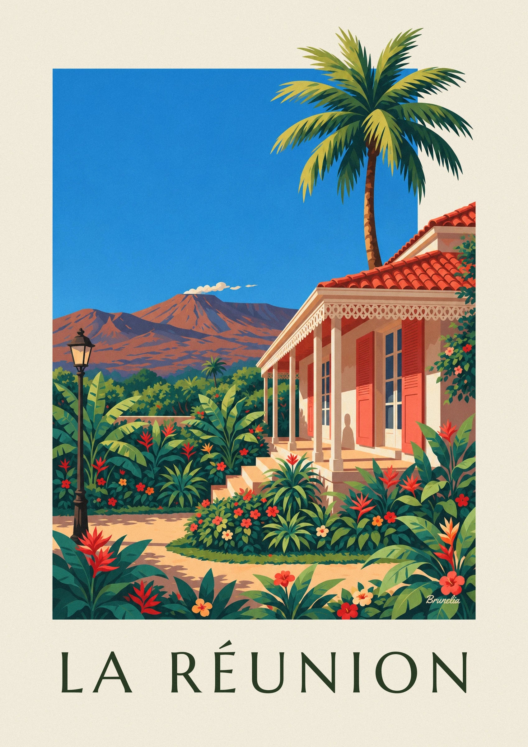 Affiche case créole et Piton de la Fournaise à La Réunion: lähikuva yksityiskohdasta