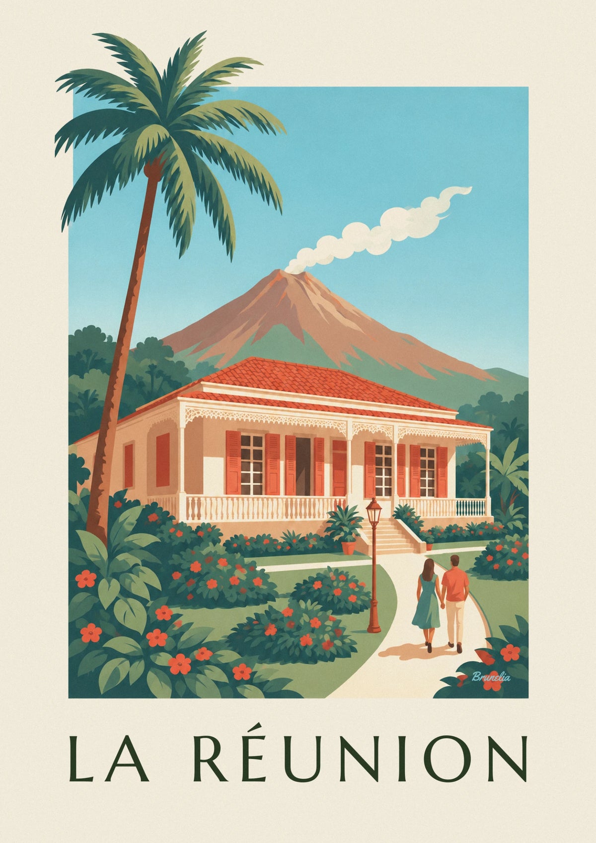 Réunion Island Creole house and Piton de la Fournaise poster