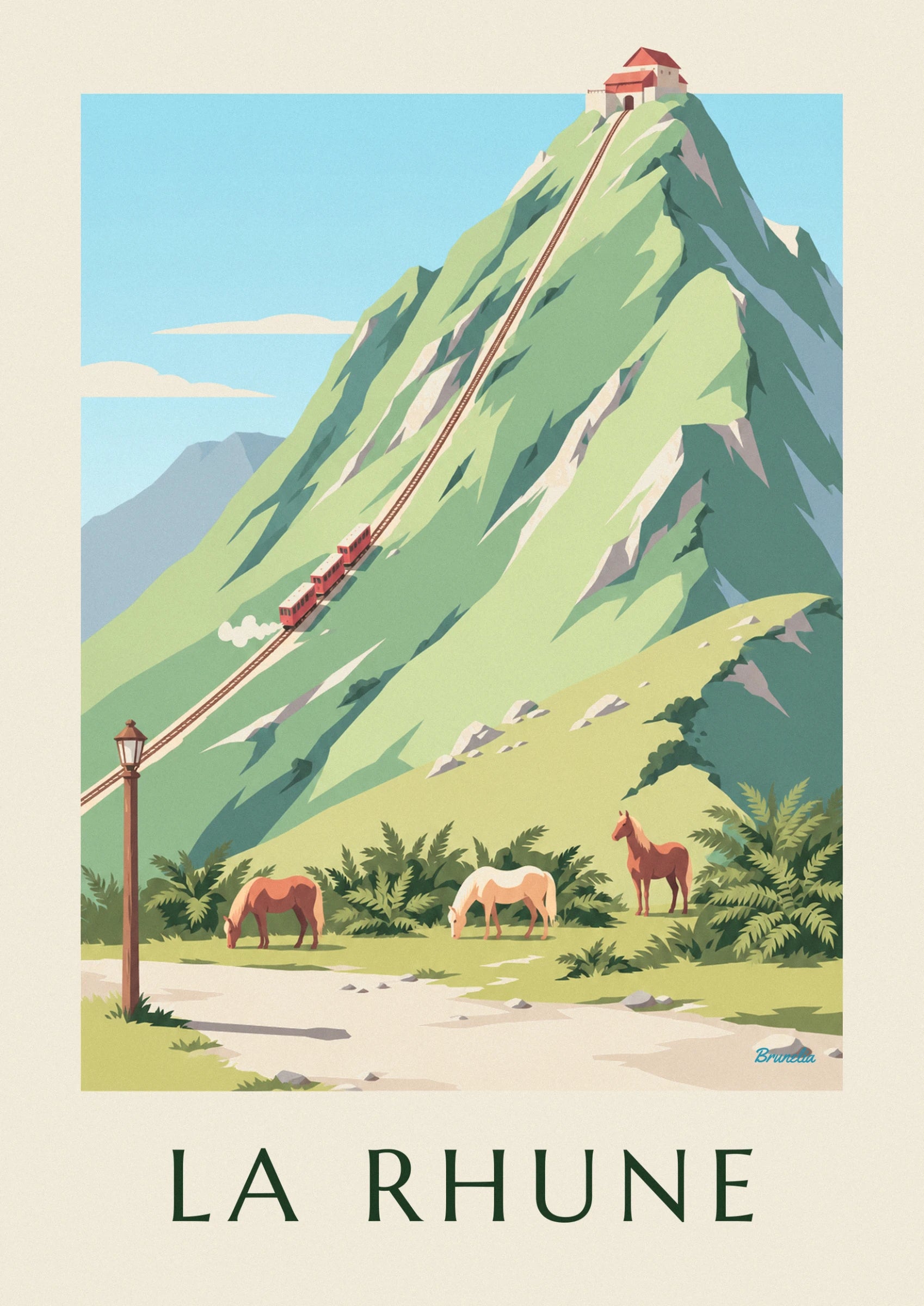 The little red train with 3 carriages climbing the slope, trailing white smoke