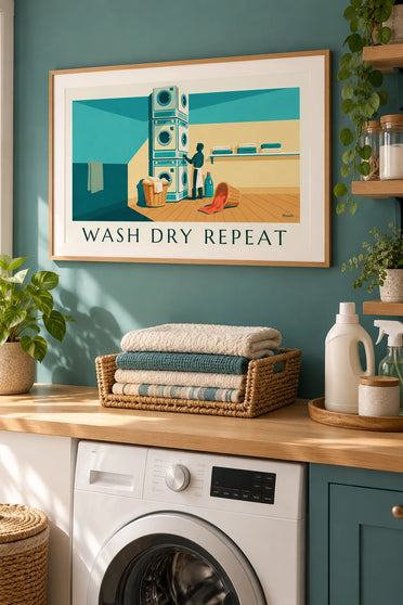 Juliste ”Laundry Room” pyykkikoreineen ja pesukoneineen: kehystettynä seinällä