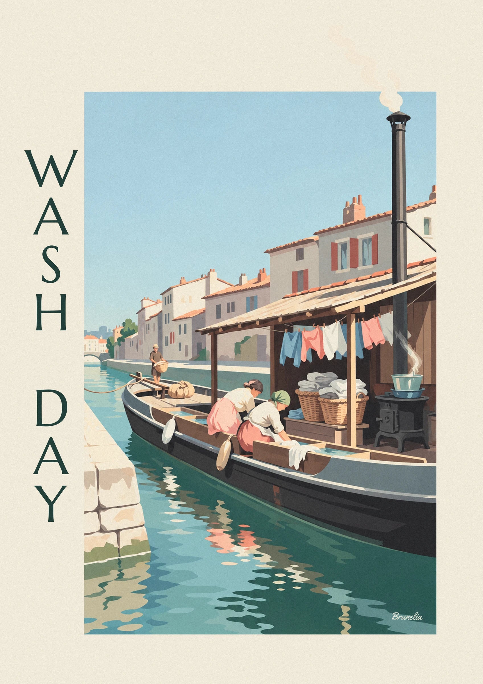 Wash boat moored at the quay with shirts under the awning poster: close-up detail