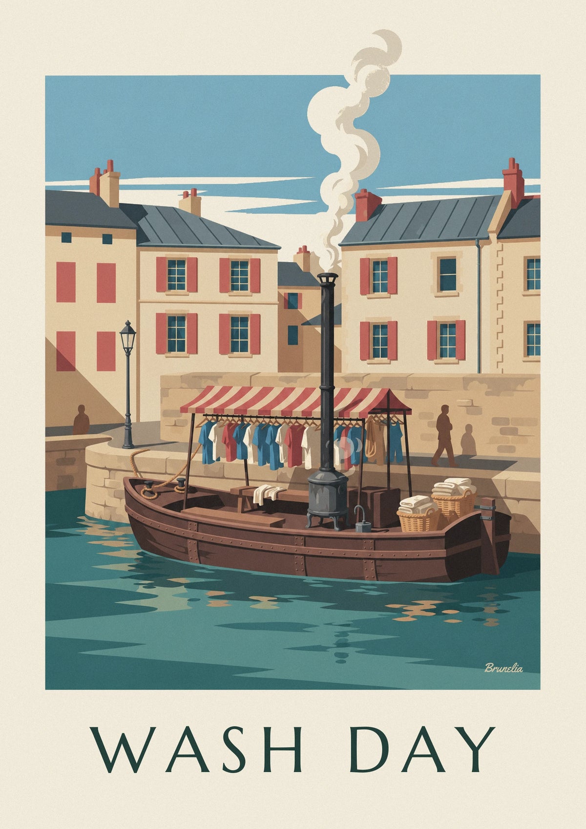 Wash boat moored at the quay with shirts under the awning poster