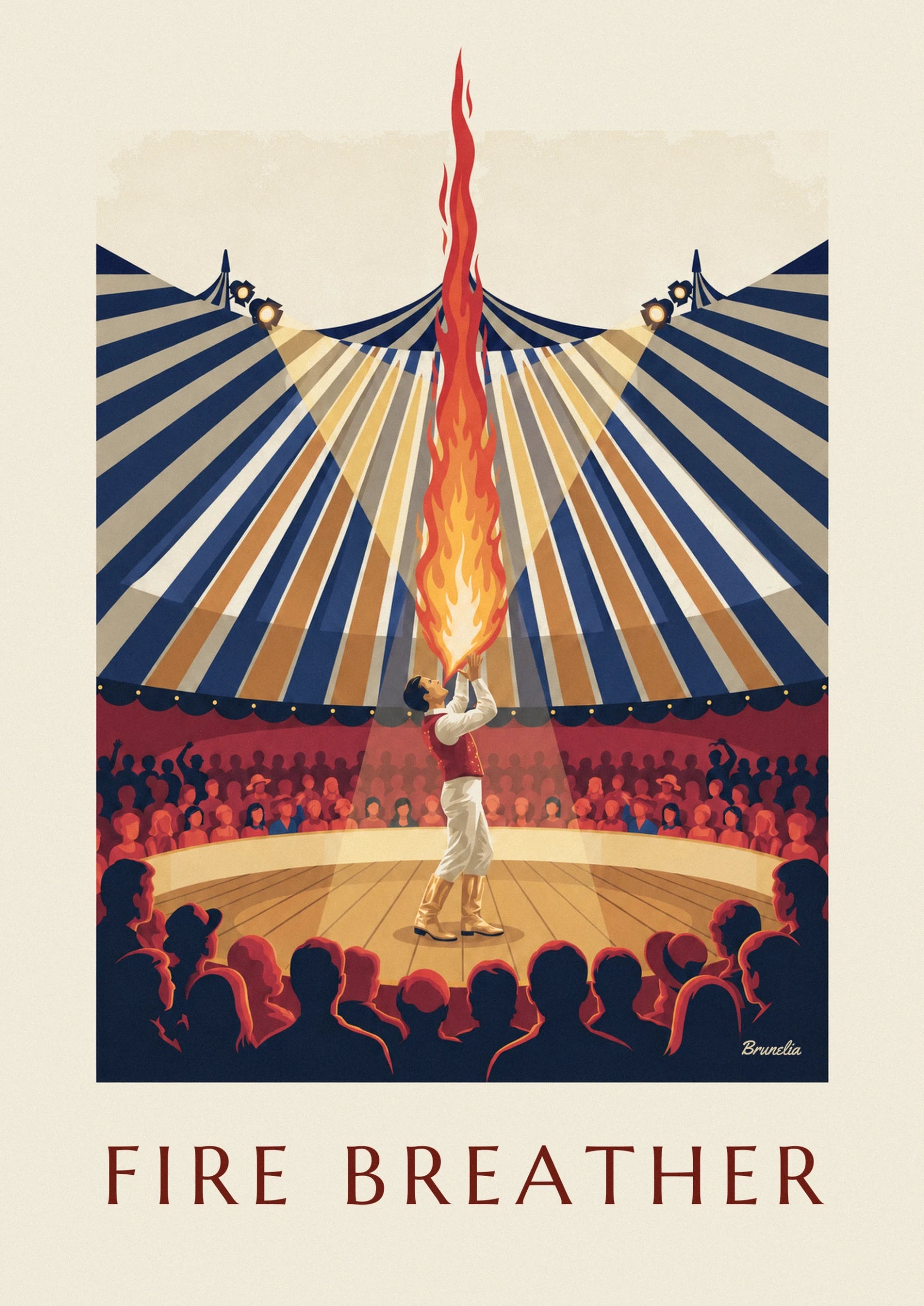 The fire-breather in a red waistcoat and golden boots, beneath the spotlights of the ring