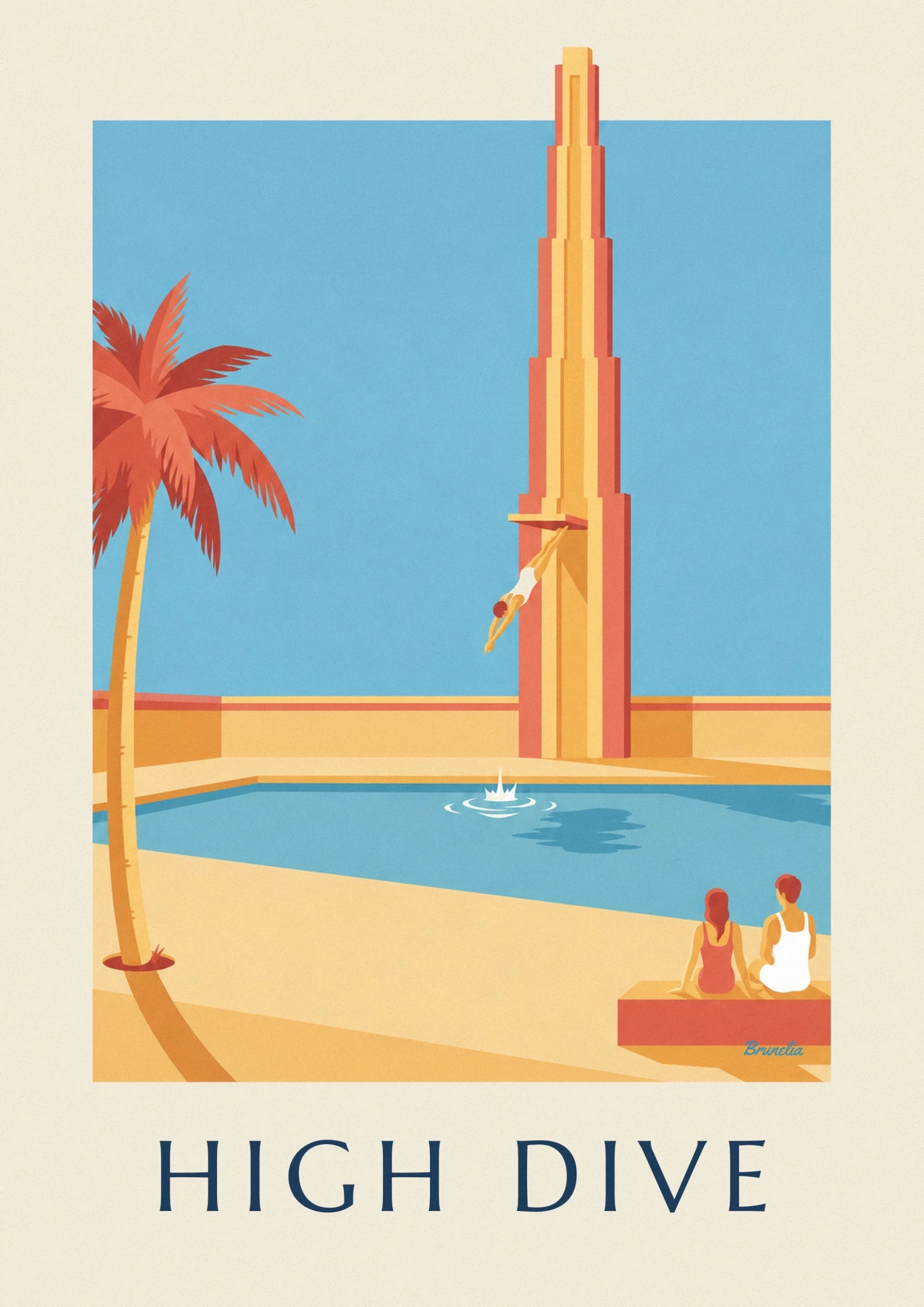 The diver in white swimwear with arms stretched towards the pool at the foot of the diving board