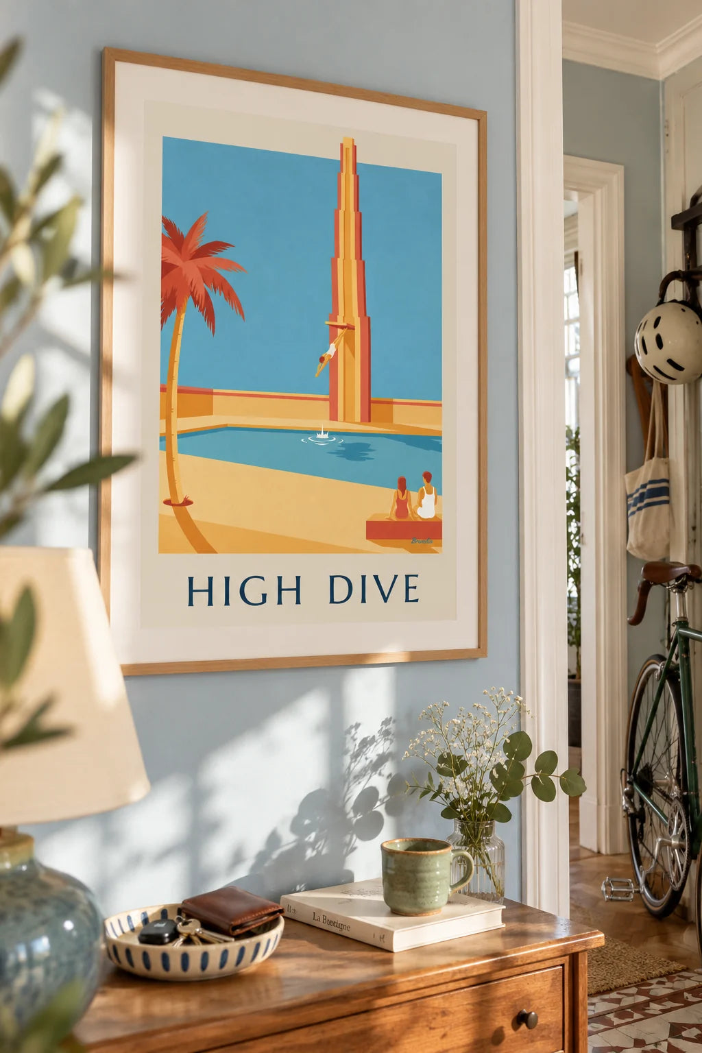 Swan dive diver above the pool poster on the wall