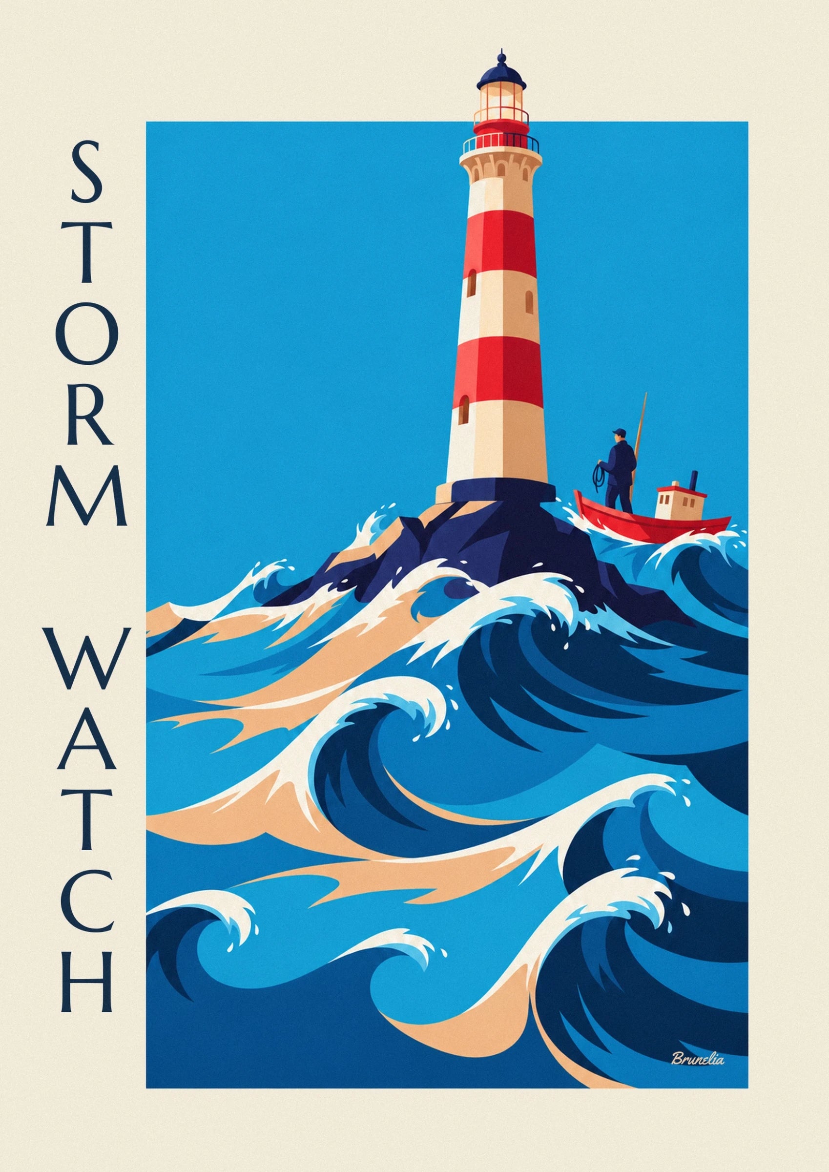 The lighthouse with red and cream stripes, with a sailor near a red boat