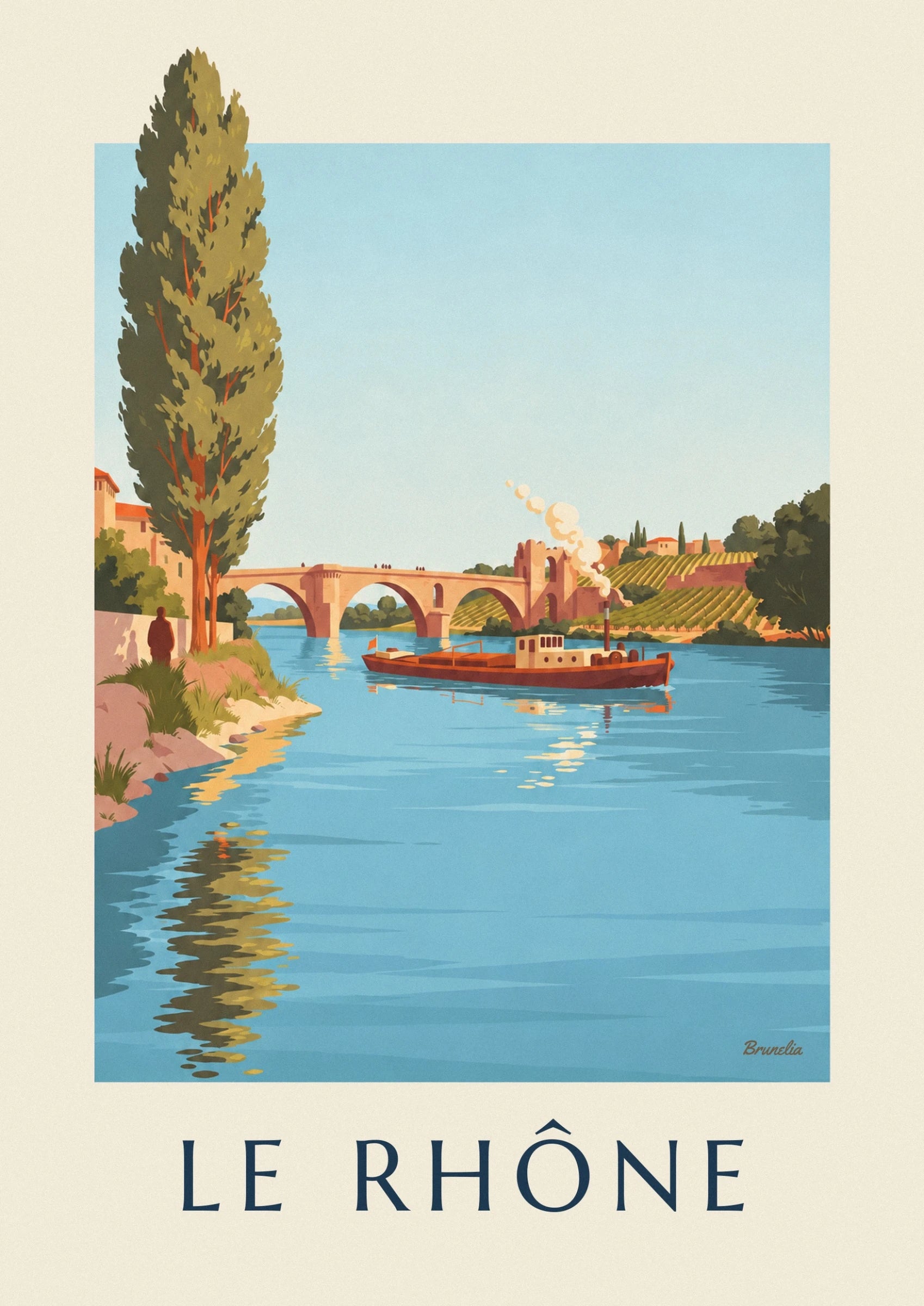 La péniche rouge et sa cheminée fumante sur le Rhône, devant le pont d’Avignon