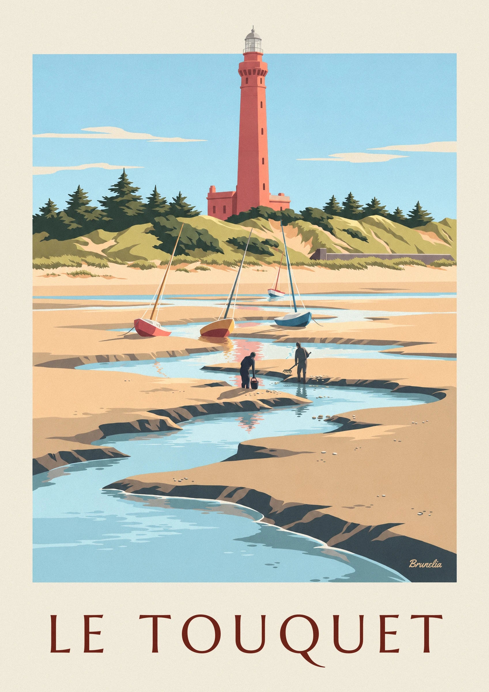 The red lighthouse of Le Touquet and its glass lantern above the bushes