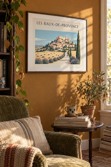 Affiche village des Baux-de-Provence, lavandes et cyprès : encadrée au mur