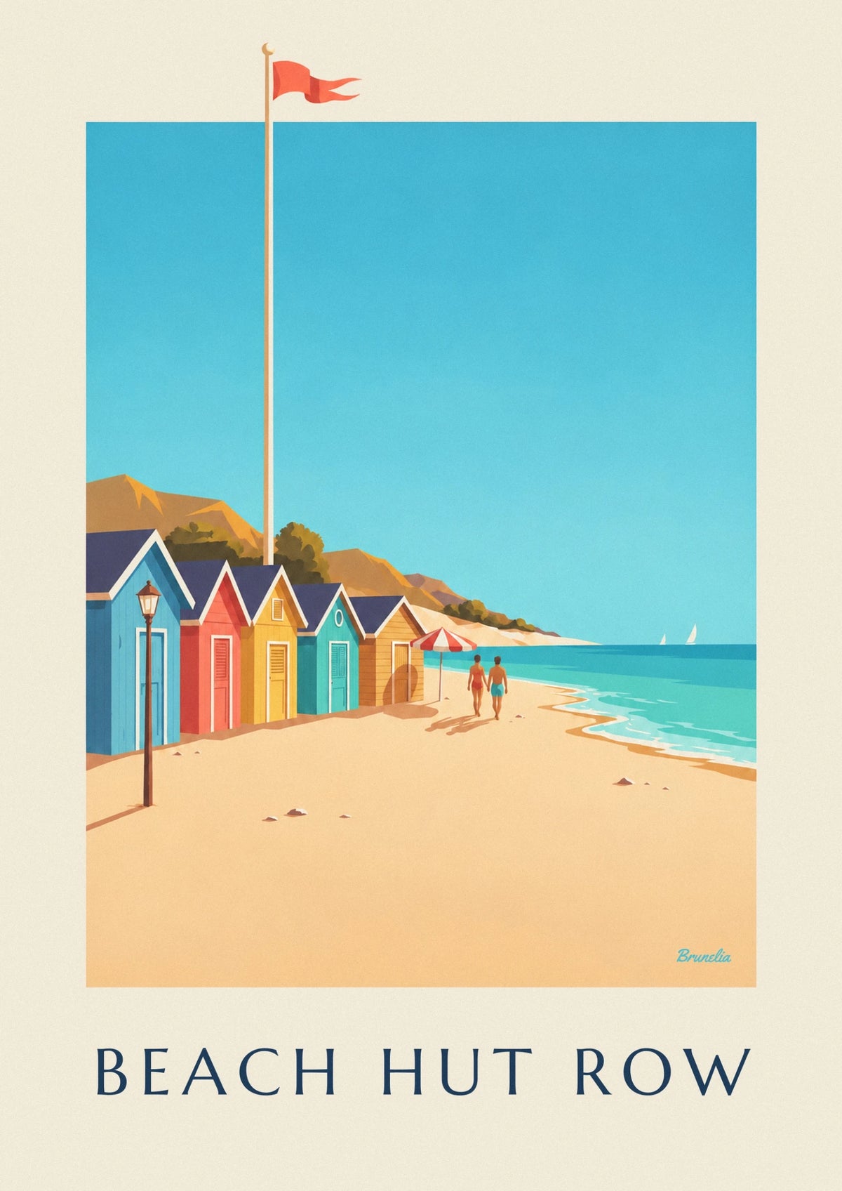 Row of colorful seaside beach huts poster