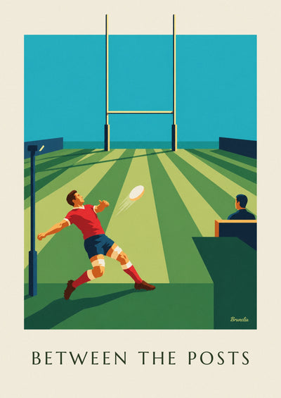 Poster of a rugby kicker and ball heading toward the stadium posts: the full poster
