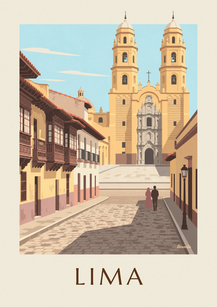 Colonial street in Lima and San Francisco basilica poster