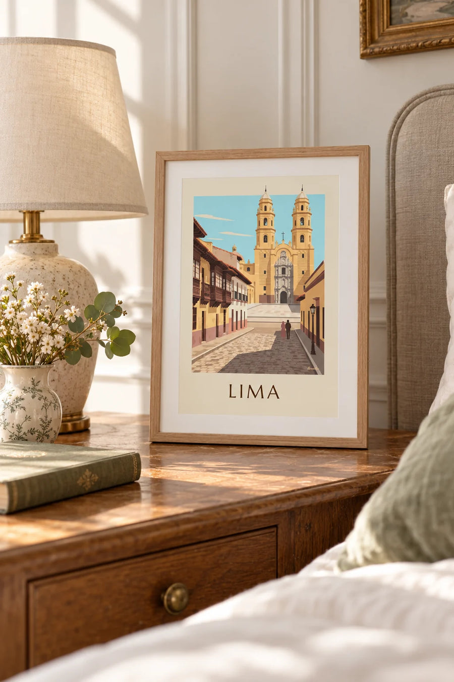 Affiche rue coloniale de Lima et basilique San Francisco : petit format A4 encadré