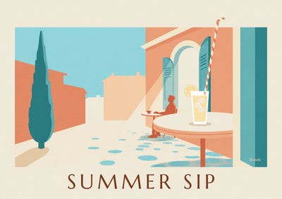 Poster of a glass of lemonade with lemon and a striped straw: the full poster