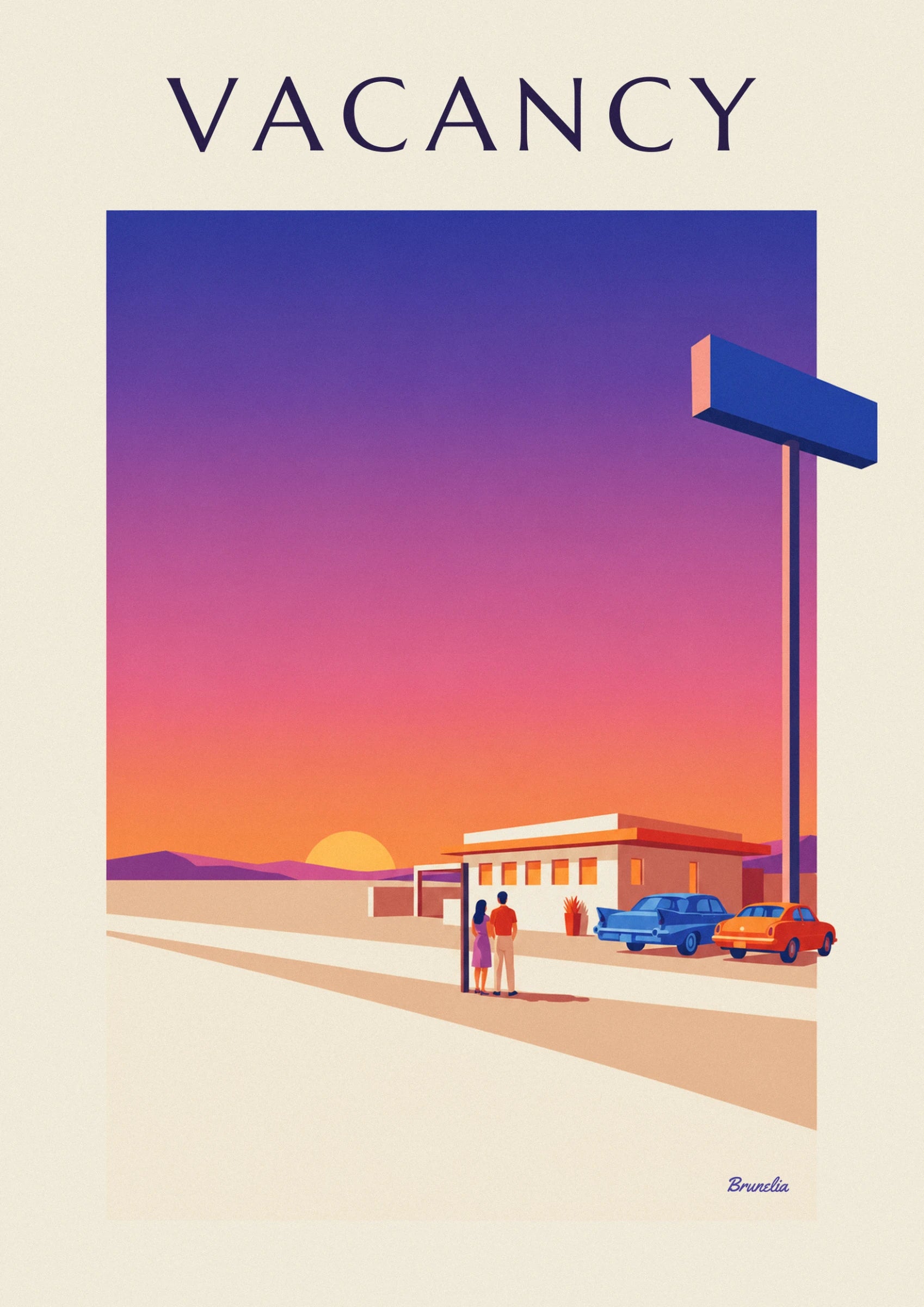 The couple in front of the motel's white façade, she in a purple dress, he in an orange shirt