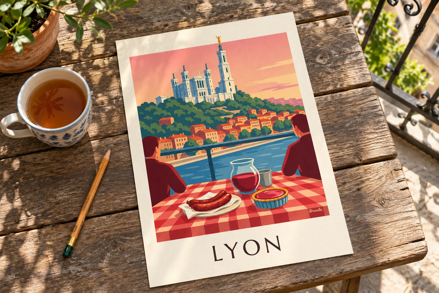 Juliste lyonilainen bouchon-ravintola Saône-joen ja Fourvièren edessä: pöydällä