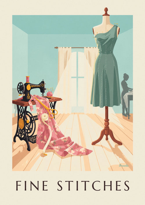 Poster of a sewing machine in front of the studio window: the full poster