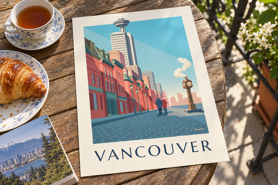 Juliste Gastownin höyrykellosta Vancouverissa: pöydälle asetettuna