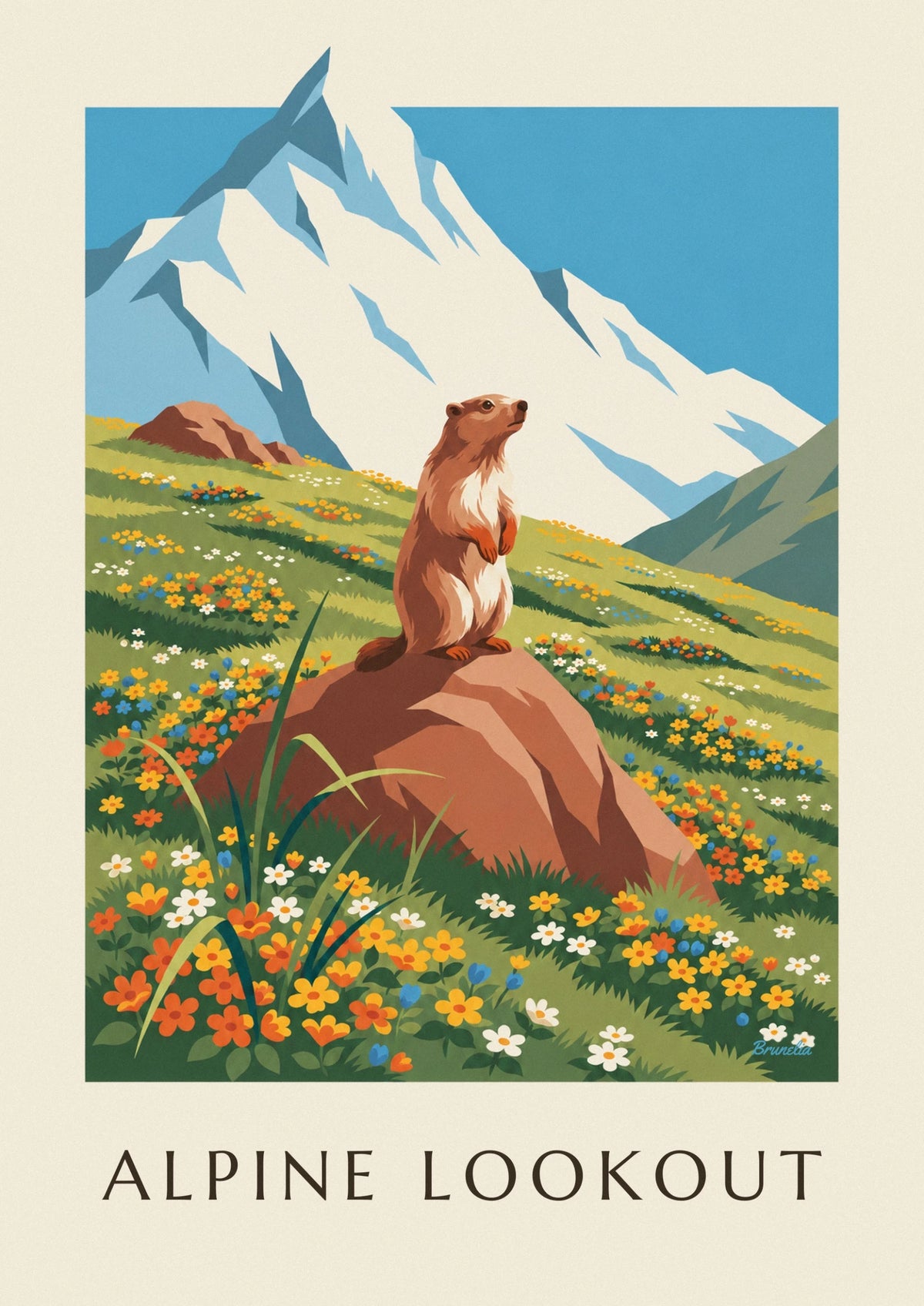 Marmot and flowering Alpine landscape poster