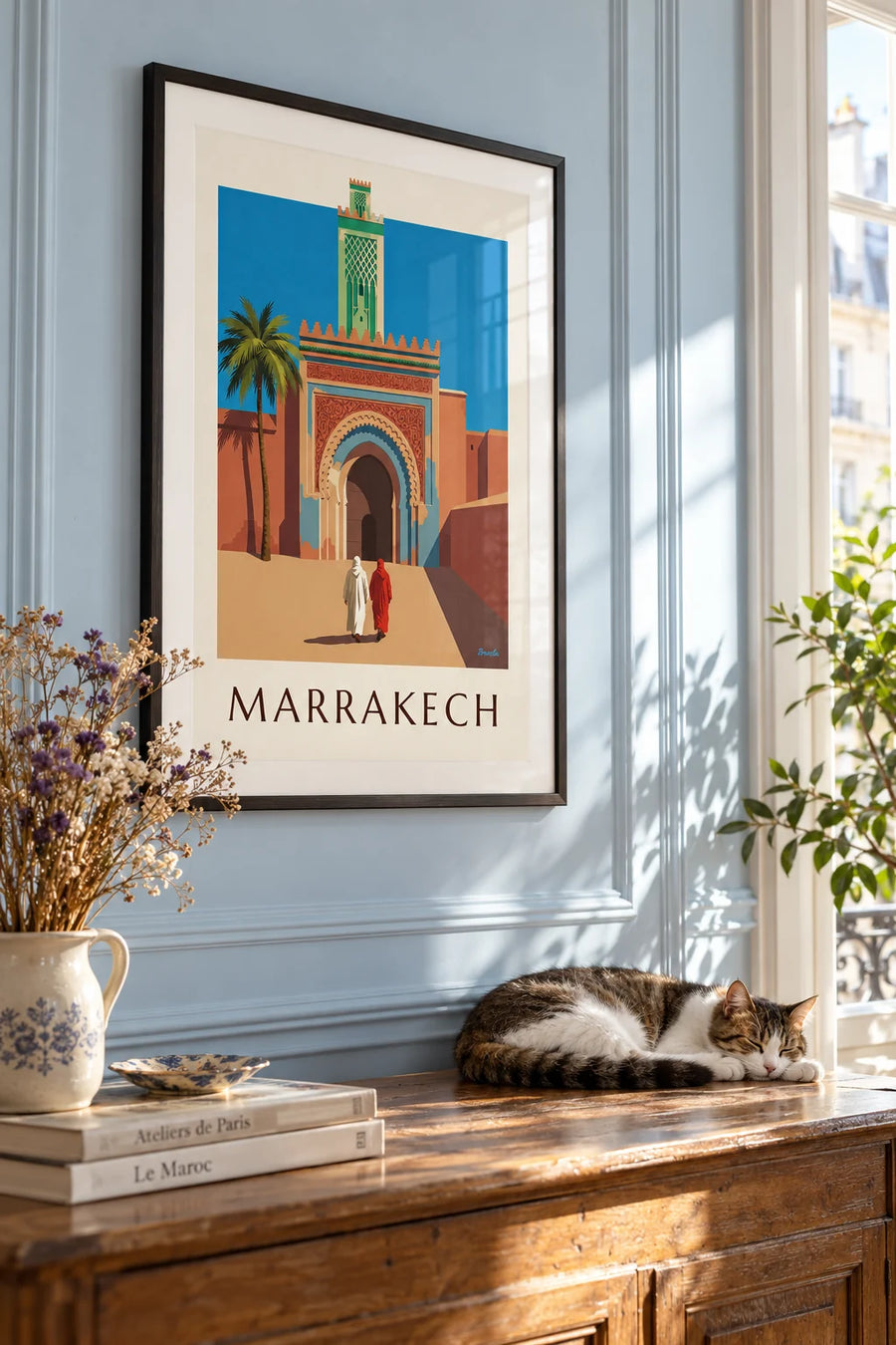Juliste Bab Agnaoun portista ja minareetista Marrakechissa: kehystettynä seinällä