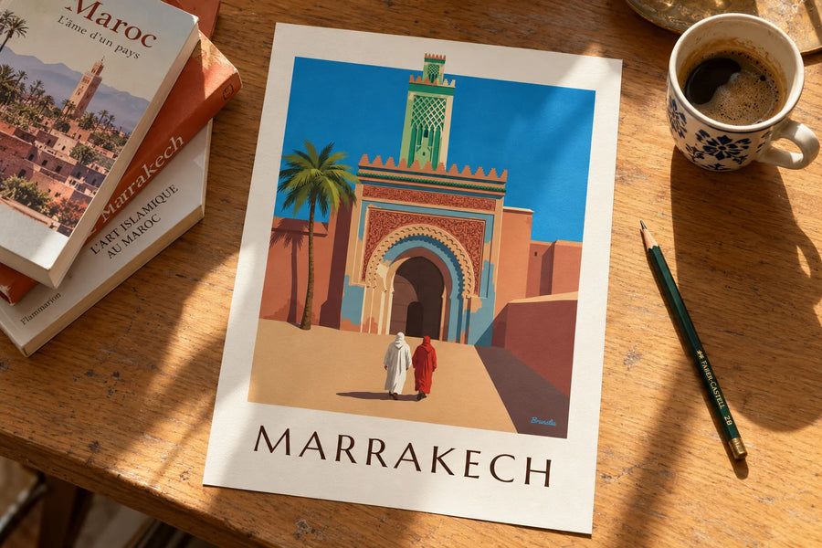Juliste Bab Agnaoun portista ja minareetista Marrakechissa: pöydällä
