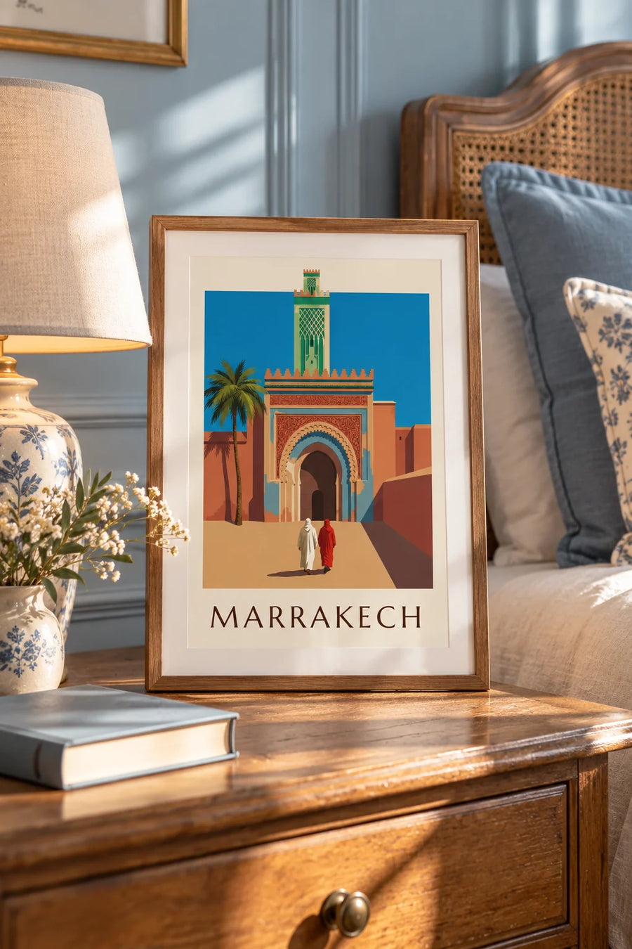 Juliste Bab Agnaou -portti ja minaretti Marrakechissa: pieni A4-juliste kehyksissä