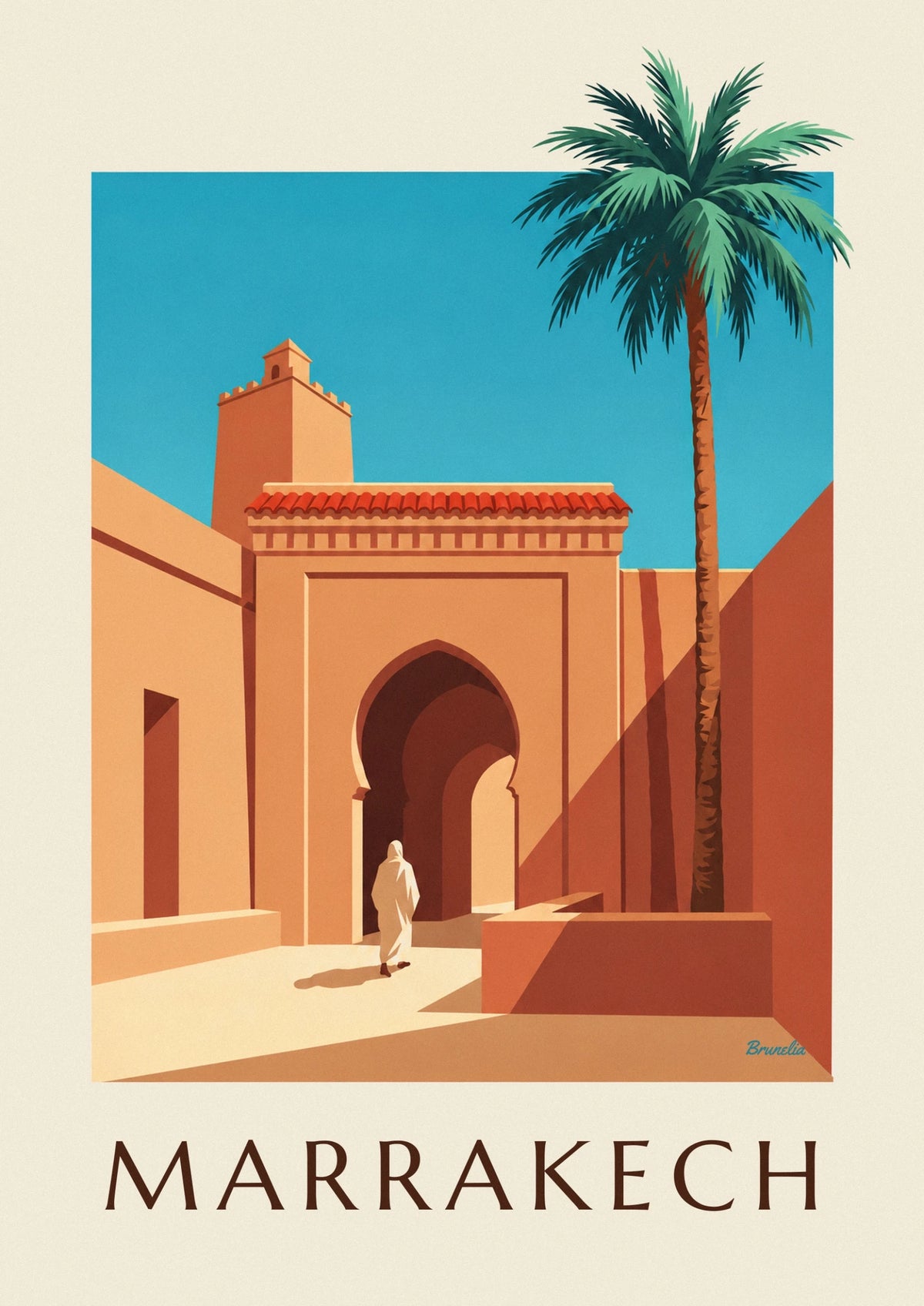 Affiche porte Bab Agnaou et minaret à Marrakech