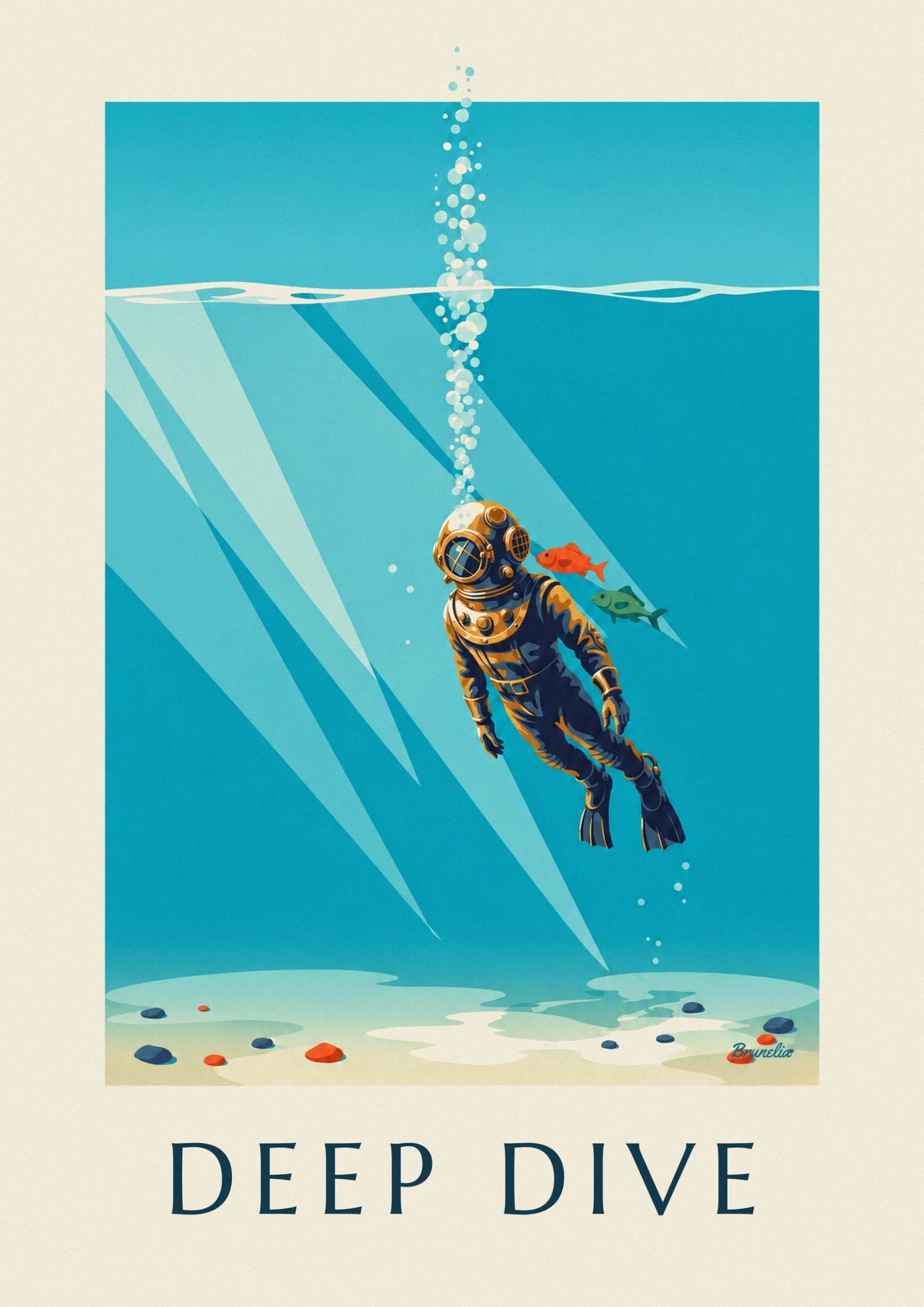 Copper helmet diver descending into the sea poster: close-up detail