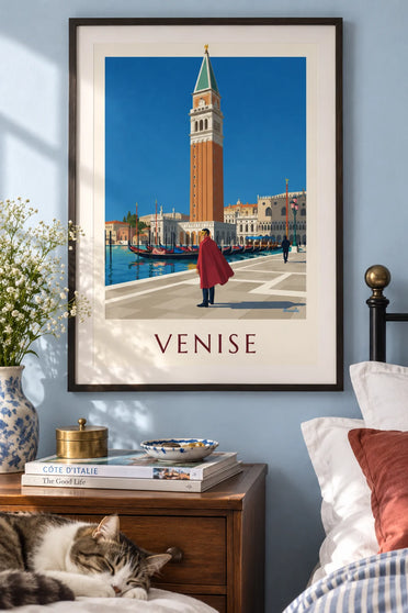 Poster of a masked man in a red cape in front of the St. Mark’s Campanile: framed on the wall