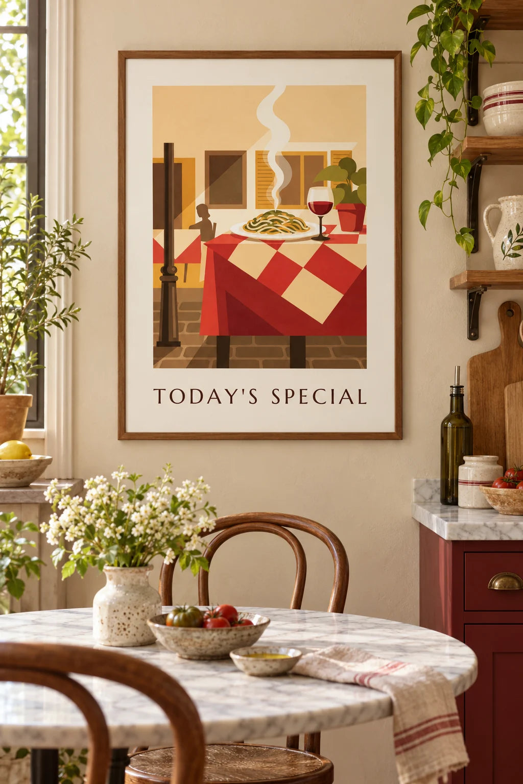 Terrace table with spaghetti and red wine glass poster on the wall