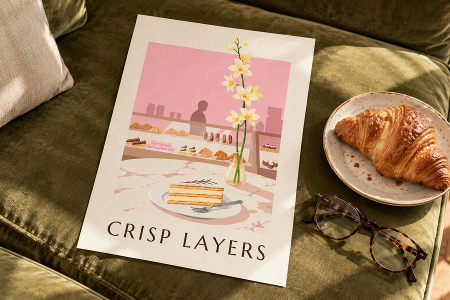 Juliste vaniljakreemillä täytetystä mille-feuille-leivoksesta konditoriassa: pöydällä