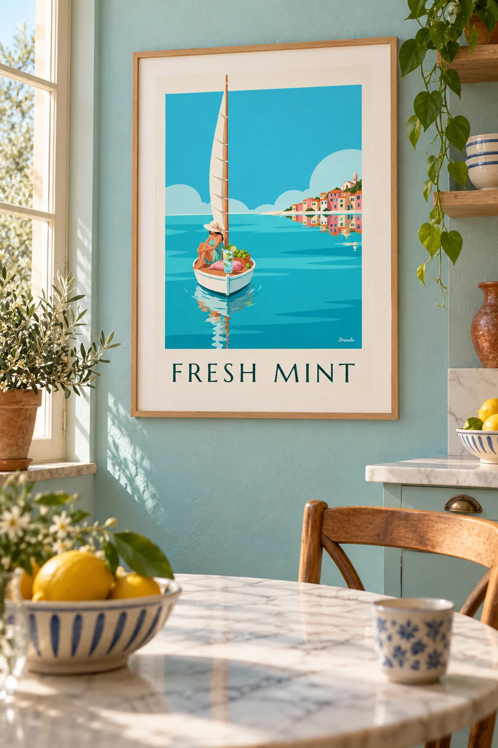Mojito-juliste pienellä purjeveneellä turkoosissa lahdessa seinällä
