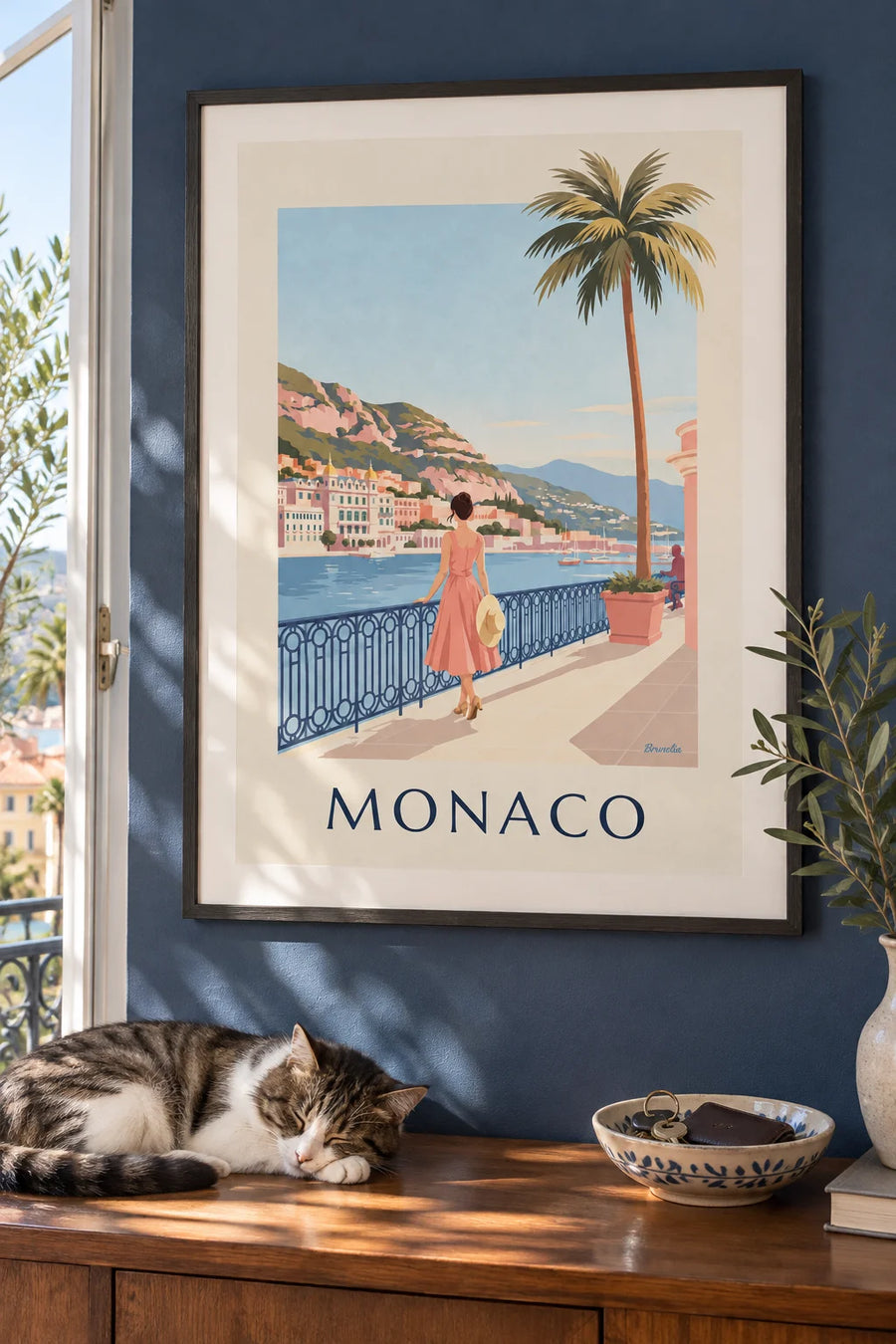 Elegant woman facing the Monte-Carlo harbor in Monaco poster: framed on the wall