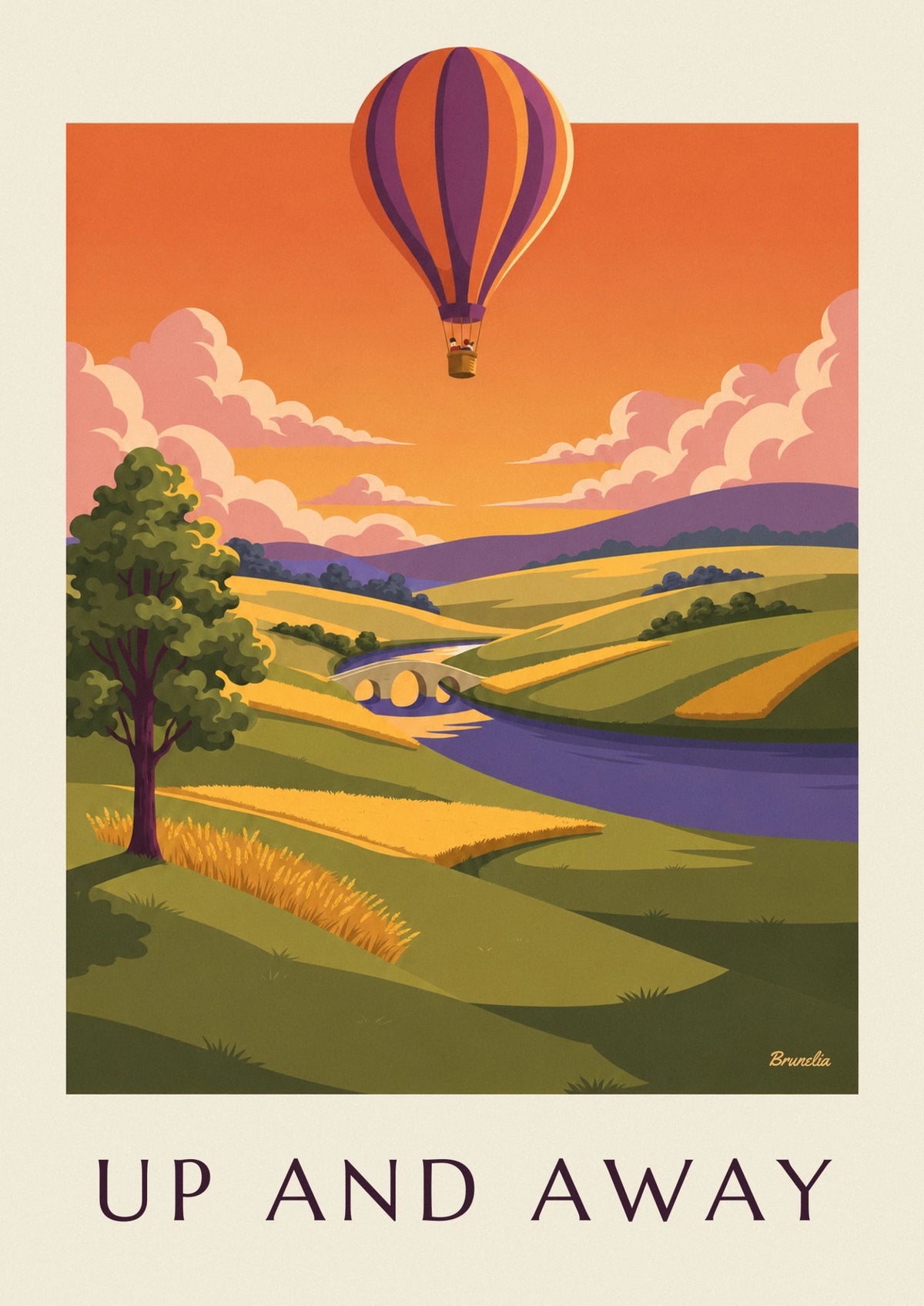 Striped hot air balloon over sunset fields poster