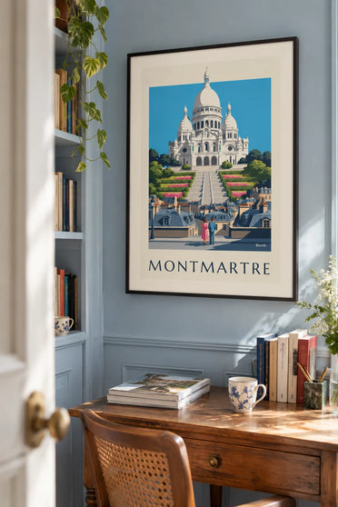 Poster of the Sacré-Cœur on the Montmartre hill and Paris rooftops: framed on the wall