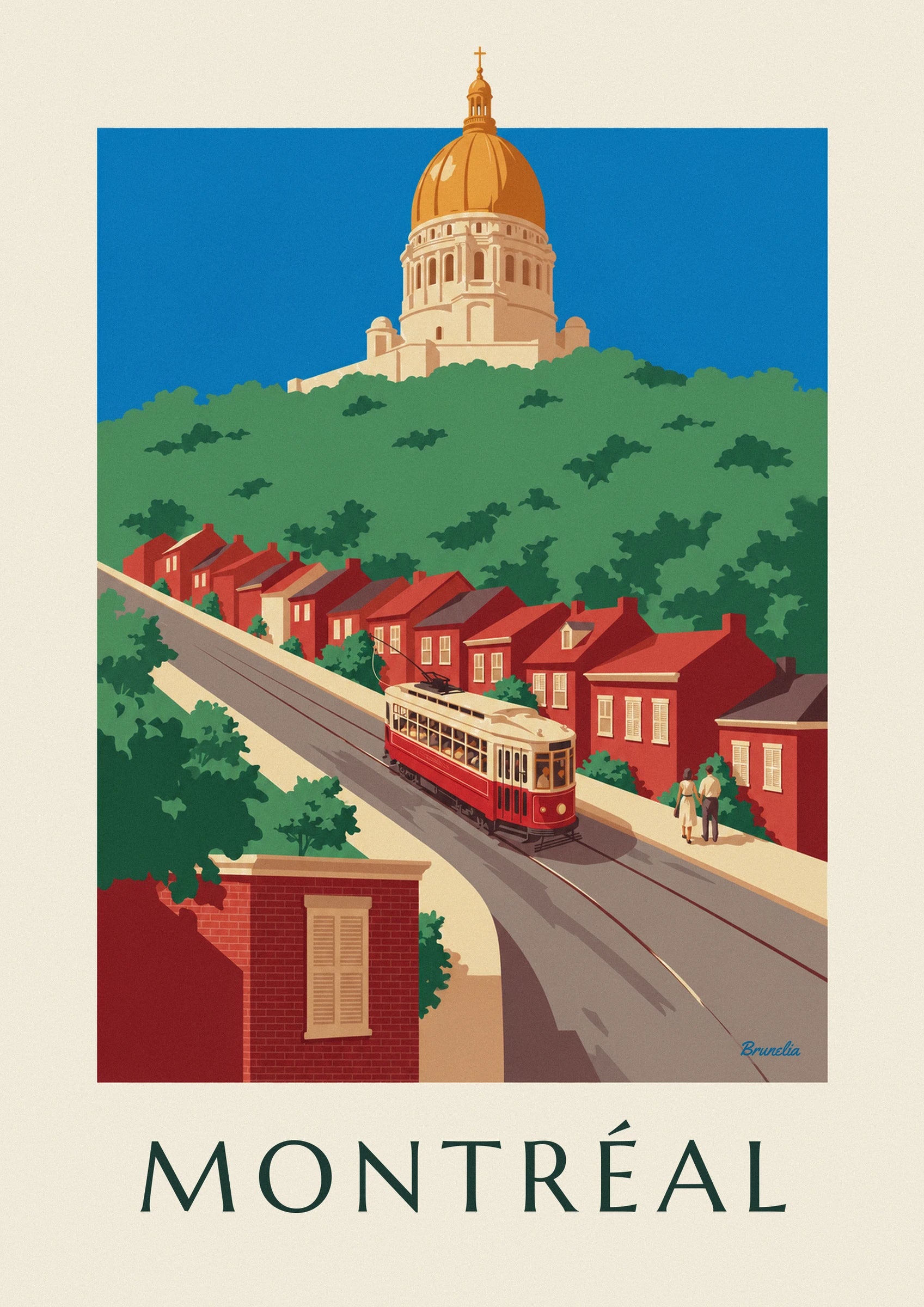 Le tramway rouge et crème qui descend la rue, devant les maisons de brique rouge